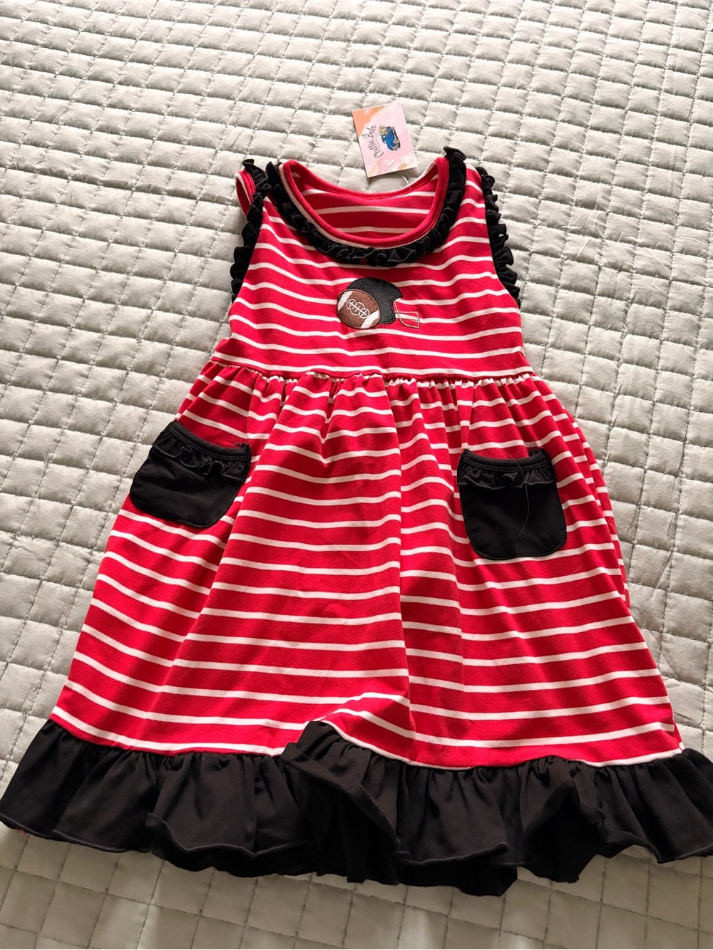 Red & White Striped Girls' Dress with Black Trim
